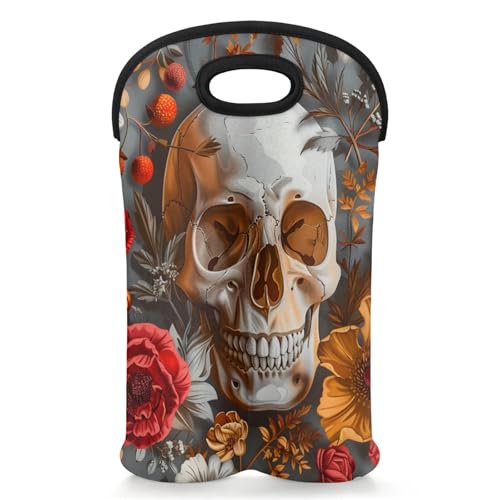 GzLeyigou 2 Bottles Rose Skull Wine Bag Sleeve Totes Neoprene Protective Wine Carrier Bag for Wine,Water, Champagne, Beer, Baby Bottles,Gift 14.5 x 10 Inches