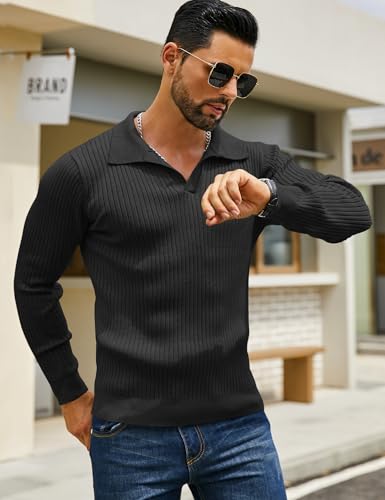 Men's Ribbed Knit Sweater Long Sleeve Johnny Collar Slim Fit Pullover Tops S-XXL3