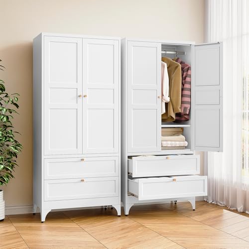 Image of BYNSOE Metal Armoire Wardrobe Closet with 2 Drawers 72'' Wardrobe Cabinet with Drawers and Hanging Rail Metal Closet with Adjustable Shelves for Bedroom. (White, with 2 Drawers)