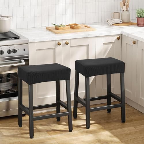 Image of YISUN Stool Covers Rectangle - 2 Pack Stretch Waterproof Saddle Seat Cover Counter Bar Stools Bar Chairs Covers Kitchen Island Chairs Cushion Protector (2, Black)