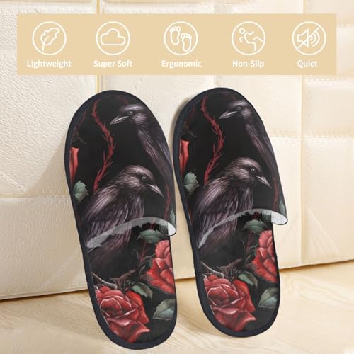 Halloween Red Rose Slippers for Women, Black Crow House Slippers Non-slip Indoor Bedroom Slippers Warm Cozy Memory Foam Home Shoes4