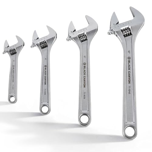 BLACK CANYON Adjustable Wrench 12/10/8/6 Inch, Wide Jaw Spanner with Imperial and Metric, Premium Chrome Forged Steel for Automotive Plumbing, Household Repairs and DIY