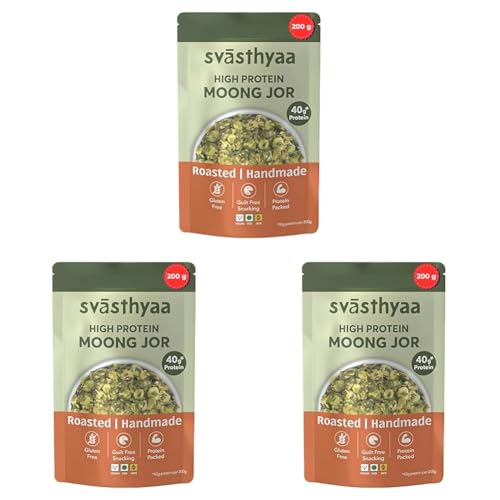 Image of Svasthyaa High Protein Moong Jor | Roasted Moong Dal Namkeen Snack | Healthy Vegetarian Dal Snack | Gluten Free, Vegan & Jain | Breakfast, Travel & Kids | 220g (Pack of 3)