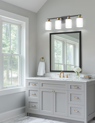Image of DORESshop 4-Light Black and Gold Bathroom Light Fixtures Over Mirror with Milk Glass Shade, Modern Vanity Lights, ETL Listed