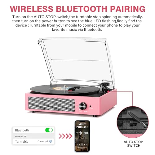 Image of Vinyl Record Player with 2 Stereo Speakers Belt-Driven Vintage Turntables 3 Speed 3 Size Wireless Bluetooth Playback AUX-in RCA Out Headphone LP Vinyl Players Auto Stop Dusty Rose