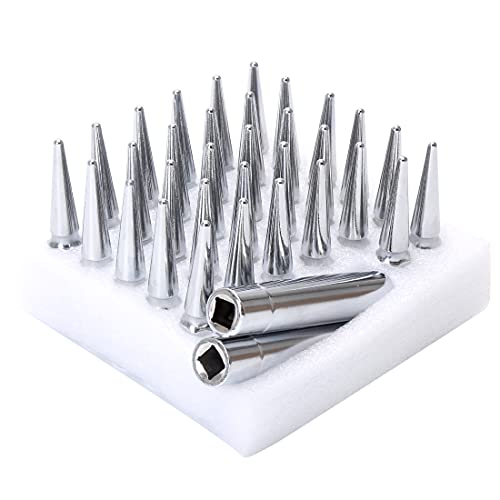M14x1.5 Lug Nuts 14x1.5 Spike Lug Nuts M14 x 1.5 Spiked Lug Nut Chrome Set of 32 with 2 Socket Keys 19mm Hex 4.4\" Tall 14mmx1.5 Bullet Lug Nuts Wheel Nuts