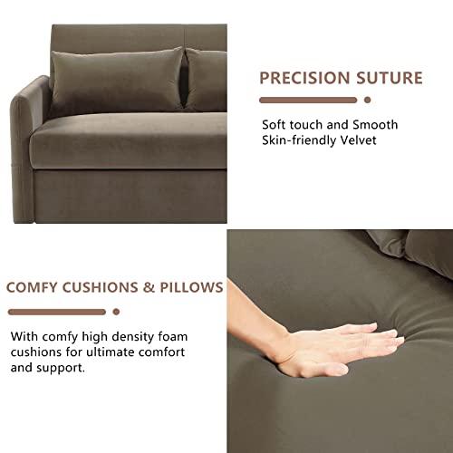 Aoowow Convertible Sleeper Sofa Bed 57 Inches, Velvet 2 Seats Sofa With Pull Out Bed,Loveseat Sofa Couch With Adjustable Backrest, 2 Pillows Side Pocket For Living Room Small Apartment (Light Brown) #TOP6