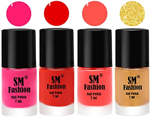 Image of Nail Polish Combo Set (Pack of 4) Quick Dry Gel Finish Nail Paint | Deep Pink,Fire Orange,Baby Pink,Light Golden | 7 ml Each