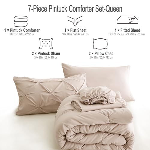 Ubauba 7pc Beige Queen Comforter Set with Sheets, 7 Piece Pintuck Bed in a Bag Ivory with Comforter and Sheets, Off White Bedding Comforters & Sets (Cream, Queen Size)