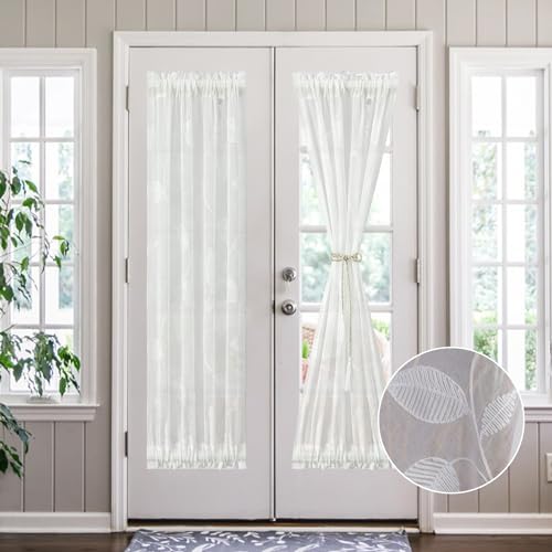 VOGOL Sheer White Door Curtains, Vine Pattern Drape Treatment 72 Inches Long for French Door, Linen Texture Rod Pocket Window Panel for Doorways, 1 Piece