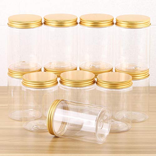 Tecbeauty 12-Pack 300ml Empty Large Refillable Clear Plastic Jars with Lids for Beauty Products, Round Containers for Slime, Cream, Multi Use, Gold3