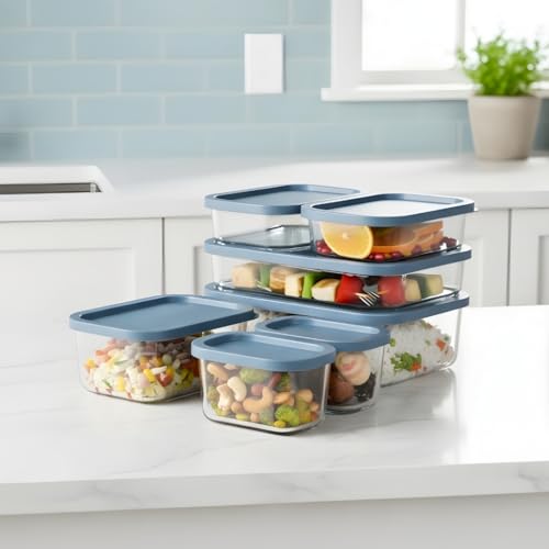 Image of Femora Borosilicate Glass Food Storage Containers with Lids Set of 7 (310ml x2, 520ml x2, 750ml, 1200ml, 1700ml) | Rectangular, Airtight & Leakproof | Microwave & Dishwasher Safe | Blue