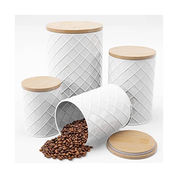Pebble & Stem White Metal Canister Sets for Kitchen Counter, Kitchen Canisters Set of 4, Airtight Countertop Flour and Sugar Containers, Coffee and Tea Storage, Modern Farmhouse Kitchen Decor