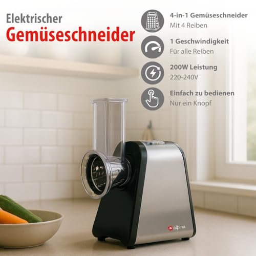Foto von alpina Gemüseschneider Elektrische - Elektrische Gemüseraspel mit 4 RVS Messern - Multifunktionsreibe Elektrisch - Elektrischer Gemüsehobel Multifunktional, Silber