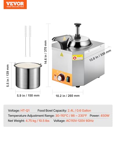 Image of VEVOR Electric Cheese Dispenser with Pump, 2.4L Commercial Hot Fudge Warmer, Stainless Steel Heated Pump Dispenser, 86-230℉ Temp Adjustable Nacho Cheese Sauce Warmer, for Hot Fudge Cheese Caramel