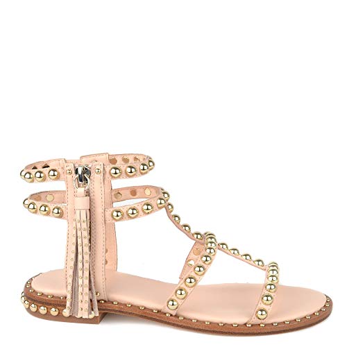 Ash Footwear Power Powder Sandales Plates, Sandales en Cuir Rose, Sandales à Crampons dorés, Sandales pour Femmes 39 Powder