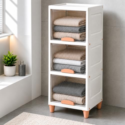 Image of HoopVool Foldable Storage Cabinet, Stackable Plastic Storage Box with Front Opening Door, Dustproof Organizer for Clothes, Toys, Books, Bathroom & Bedroom (3-Tier (33 X 38 X 82 CM))