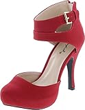 Qupid Trench-244 Women's Round Toe High Heel Zip Closure Buckle Ankle Straps Nubuck Shoes,Red,7