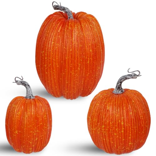 Image of winemana Artificial Pumpkins Fall Decor Orange Foam Pumpkin, 3 Pack | Assorted Sizes for Thanksgiving Table Centerpiece, Indoor Home Mantel Porch Autumn Harvest Decorations