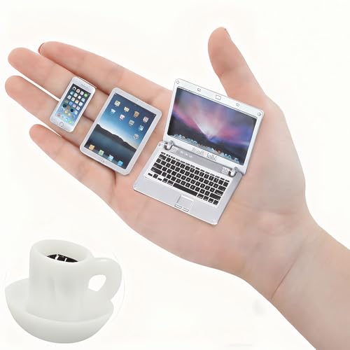 4 Stück Puppenhaus Lernen Zubehör, 1:12 Mini Puppenhaus Laptop, Wichtel Zubehör Set, Puppenhaus Szene Simulation für Foto Requisiten DIY Rollenspiel (Silber)
