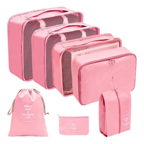 Kit Organizador de Malas para Viagem 7 Peças Bolsas Necessaire Sapatos Maquiagem Roupas Bagagem Organizada Conjunto Organizador Completo Premium (Rosa)