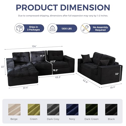 Image of MAXYOYO Modular Sectional Sofa with Ottoman and Loveseat, Cloud Boneless Couch with Layered Cushion, Flexible Module Combination Sofa for Living Room, No Assembly Required,Black