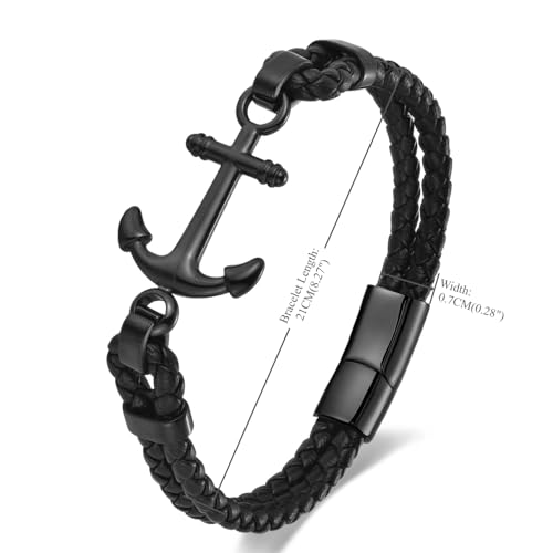 Pulsera Nautical Anchor de Cuero Trenzado Negro para Hombre miniatura 3