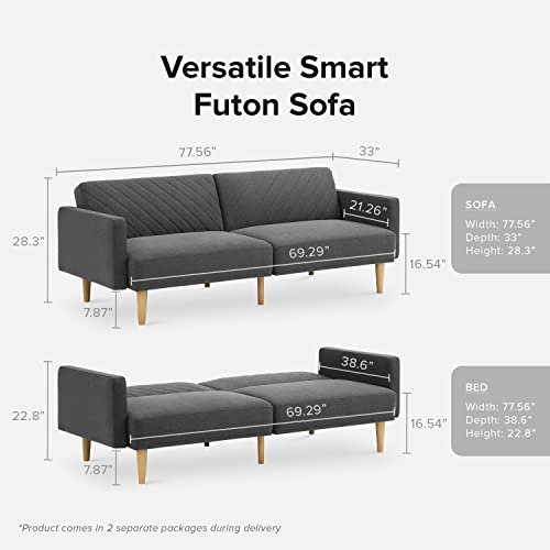 Mopio Chloe Futon Sofa Bed, Convertible Sleeper Sofa With Tapered Wood Legs, 77.5" W, Small Splitback Sofa For Living Room Dark Gray Fabric, Twin #TOP1