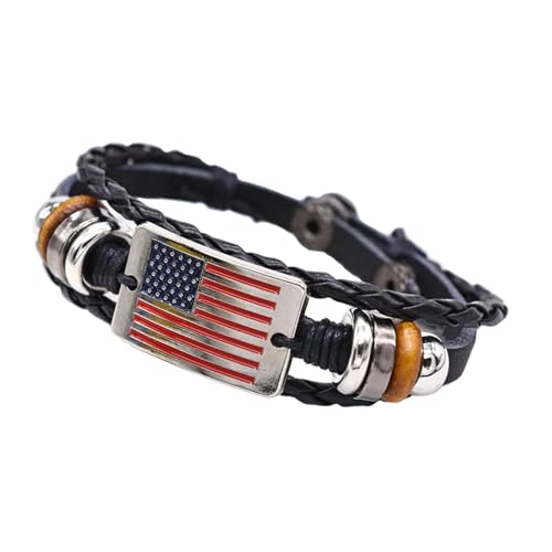 USemporium Unisex Black Leather Braided Bracelet with Wooden and Metal Beads, Sterling Silver American Flag Charm - Patriotic Jewelry for Men and Women,Military,Police Adjustable Wristband, 0.35