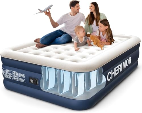 CHERIMOR Queen Air Mattress with Built in Pump, 18' Elevated Height, 48Hr Leak-Tested, Honeycomb Coil Support, 800 lbs Capacity, Fast 3-Min Inflation Blow Up Mattress for Guest Room & Sleepover