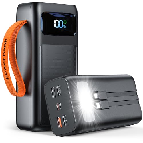 50000mAh Power Bank with Cable: PD30W con Cavi Integrati,Batteria Esterna ad Alta Capacità, Ricarica Rapida USB‑C 7 Uscite, Torcia LED e Display Digitale, Compatible with iPhone, Tablet, iPad