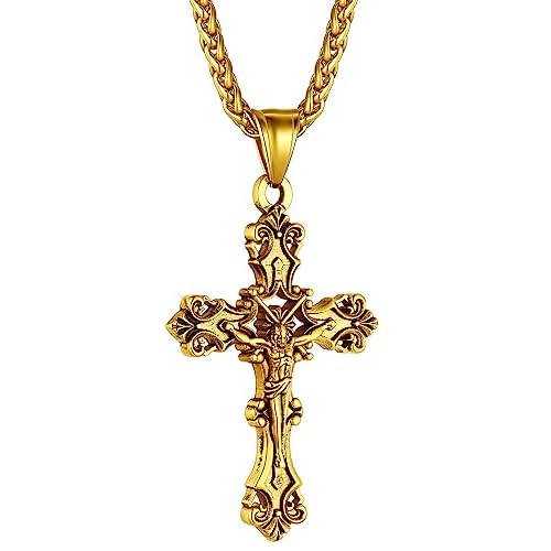 ChainsHouse Cross Necklace for Men, Black/18K Gold Plated/Stainless Steel Christian Jewelry Cross Pendant Necklace for Men, with Gift Box a: Jecus Cross-Gold