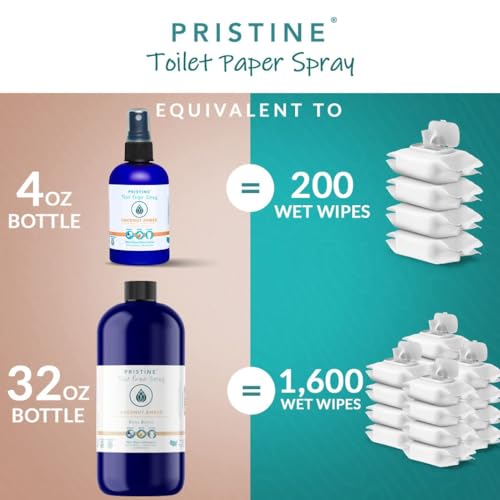 Image of PRISTINE Toilet Paper Spray- As Seen on Shark Tank, More Natural Personal Cleansing Wipes & Flushable Wet Wipes Alternative, Spray Toilet Paper to Create Flushable Wipe, Coconut Amber, 32 fl oz Refill