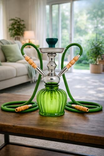 Image of FAB HOME DECOR QT Econo Dual Hose Hookah | Designer Double Pipe Aluminium Stem 12 Inch Glass, Steel Hookah Set For Heavy Smoke | Perfect for Party Lovers (Green)
