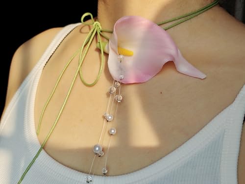 Lily flowers calla Summer Holiday Necklace Water Drop Pearls Crystal Green waxed cord Choker For Women2