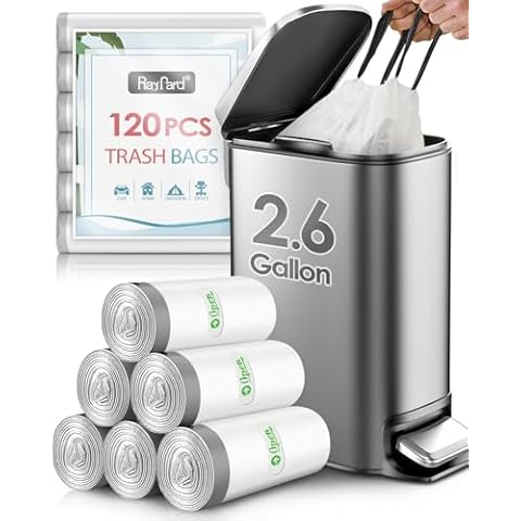 120 Counts 2.6 Gallon Small Drawstring Trash Bags Garbage Bags by RayPard, Small Strong Plastic Bags fit 7.5-10 Liter Trash Can for Home Office Kitchen Bathroom Bedroom, White Waste Basket Liners Cover