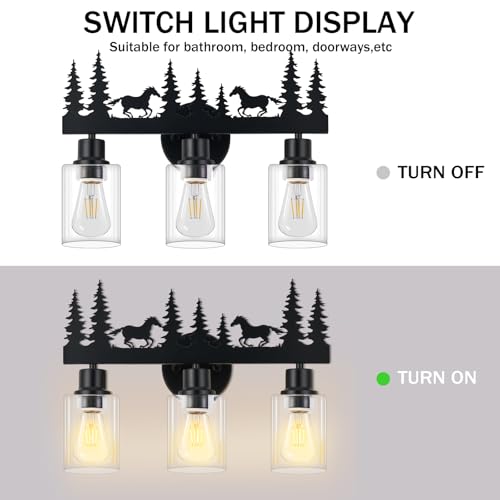 Image of Rustic Bathroom Light Fixtures,Farmhouse Vanity Light,Horse Style | 3-light Clear Glass lamp,Farmhouse rustic style, Black Wall Lighting for Bathroom,Hallway,Kitchen,Porchn
