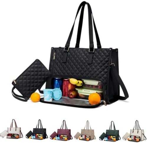 2 in 1 Tote Bag Lunch Bag Combo, 15.6 Inch Leakproof Tote Bags with Insulated Lunch Compartment, Large Capacity Computer Handbags for Women, Laptop Handbags with Purse for Business, Work