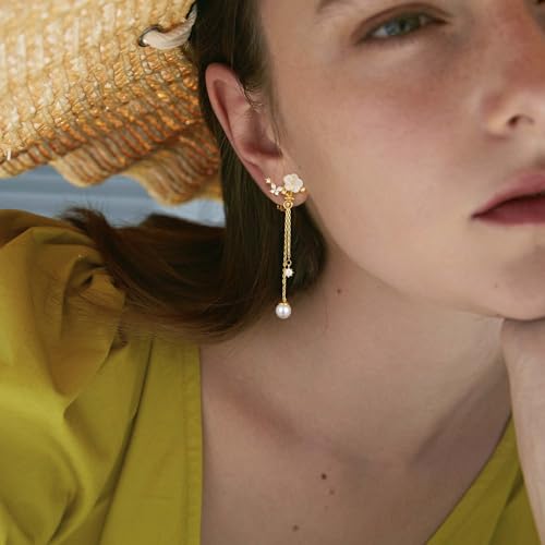Clip on Earrings Dangle Pearl Drop Clip Earrings for Women Trendy Dangle Chain Dainty Flower Wedding Earrings for Brides 14K Gold Plated Statement Non Pierced Earrings for Women Sparkly Jewelry2