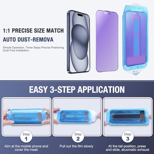 Image of 2-Pack Anti Blue Light Matte Screen Protector for iPhone 16 Plus and iPhone 15 Plus and iPhone 14 Pro Max 6.7-Inch 9H Tempered Glass, Full Coverage, Anti-Fingerprint, Auto Dust-Elimination, No Bubble, Easy Installation
