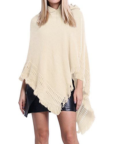 SUNNYME Poncho de Las Mujeres Punto con Flecos Hueco con Capucha Talla Grande Calentar Otoño e Invierno Rojo Blanco lechoso F
