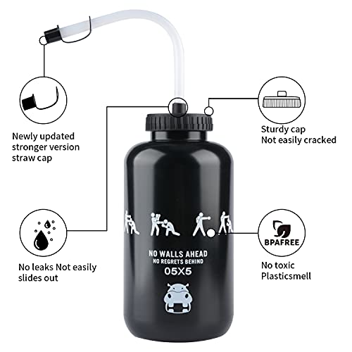 SHOKE Long Straw Water Bottle Hockey Boxing 1 Liter Water Bottle Football BPA Free Squeeze Leak Proof Sports Water Bottles for Baseball Lacrosse Cycling Sport Large Capacity 32 Oz/1 Liter-Black