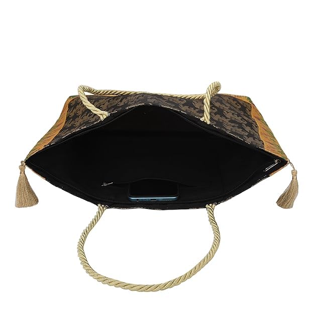 Image of Hand Purse | Traditional Hand Purse | Silk Wallet Hand Bag | Shagun HandPurse | Gifts HandBag | Golden Handle Tote Handbag | Brocade Shoulder Bag | 16 INCH
