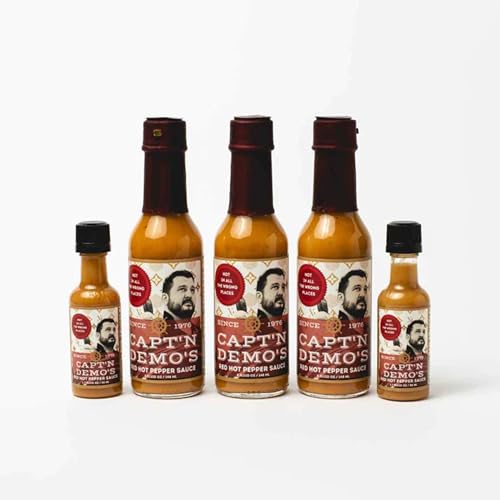 Image of CAPTAIN DEMO's TRIPLE TRUFFLE Red Hot Pepper Sauce - Three Bottle Pack with TWO Bonus Travel Bottles, Gourmet Hot Sauce With Black Truffle, Black & White Truffle Oil, Garlic, Hot Honey Heat