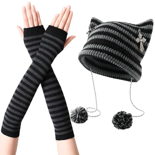 Cat Beanie with Gloves, Emo Clothes Set, Crochet Hat with Cat Ears, Adjustable 30-40cm, Emo Accessories for Unique Style