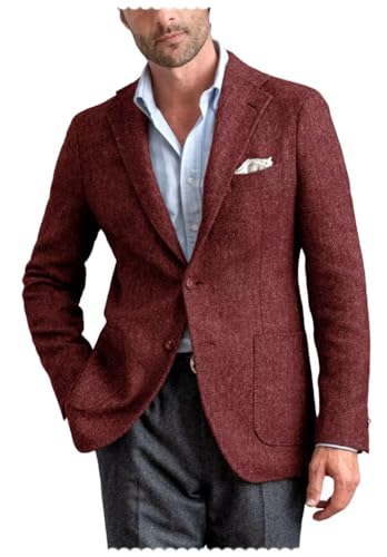 Men's Classic Tweed Blend Blazer 2-Button Slim Fit Casual Herringbone Sports Jacket