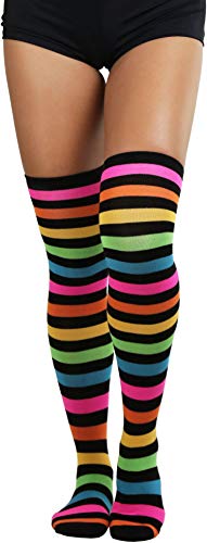 Image of ToBeInStyle Women's Bright Vibrant Rainbow Striped Thigh High Rave Stockings