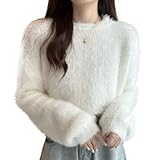 [1/2plus] ニブンノイチプラス セーター ニット ショート 丈 モヘア ファジー もこもこ ふわふわ シャギー ラウンド 丸首 レディース (白.M)