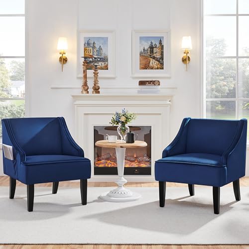 Yaheetech Mid-Century Accent Chair, Velvet Cozy Armchair with Pocket, Wood Frame Comfy Barrel Chair for Living Room/Waiting Room/Bedroom, Blue, 2pcs