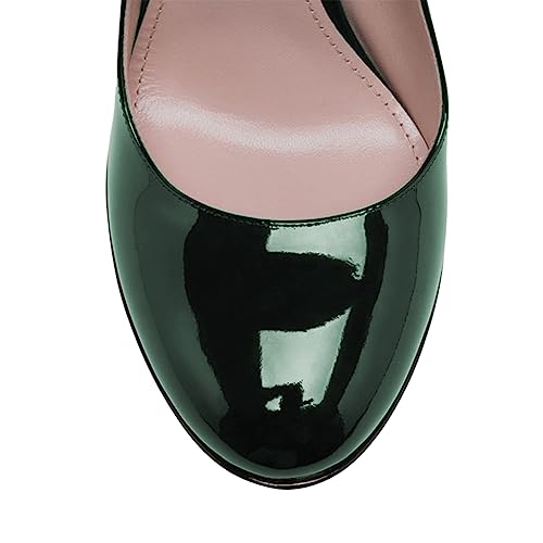 FOWT Women Black Round Toe High Chunky Heel Platform Pumps Adjustable Thin Mary-Jane Strap with Sliver Buckle Heels Trendy Solid Colour Patent Leather Shoes for Ladies Party School Office 4-16 US Size3